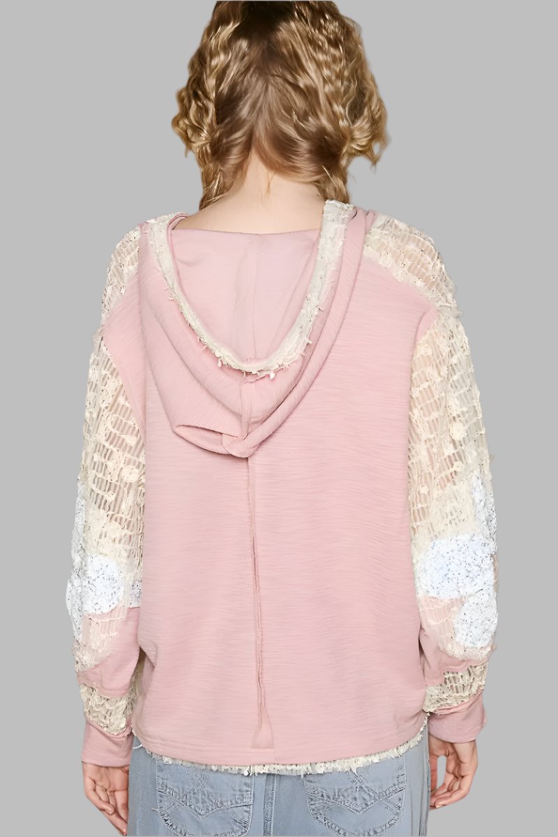 Whimsical Star Patch Hooded Shirt - A Feminine Twist on Rebel Style. Does it feel sexy to be edgy and feminine at the same time? You got it! The star print adds some whimsy, and the lace contrast gives a delicate and elegant touch to the design. We love the mixed textures, making this top perfect for both casual and dressed-up looks.