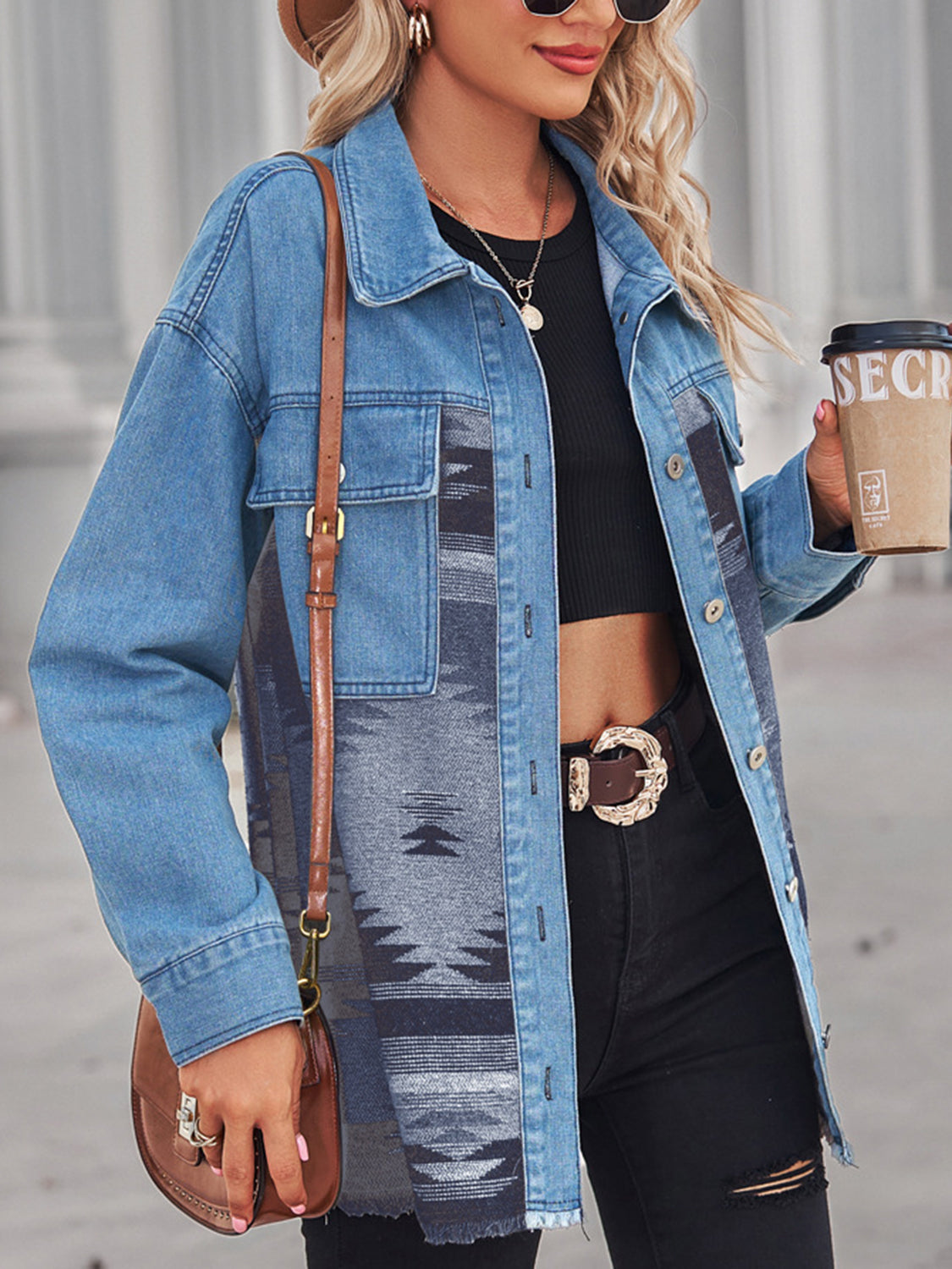Western Denim Jacket - "Rustic Charm: The Geometric Weave Edition" Attention to our western-boho free -spirits!; This rustic jacket offers a blend of rugged denim and vibrant Aztec print – get yours before it’s gone!