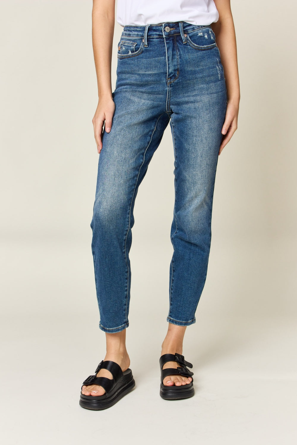 Judy Blue Tummy Control High Waist Slim Jeans. Comfortable support. Medium wash