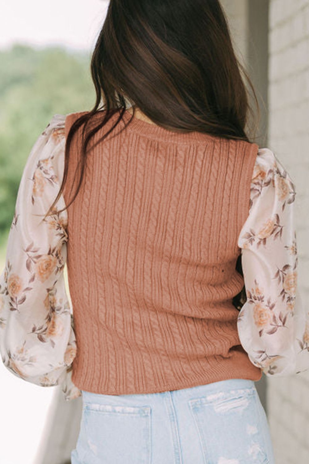 Cable Knit Sweater - Feminine Grace Floral Flounce Sleeve Sweater- Camel. This beautiful cable knit sweater exudes a quiet elegance. and a calm energy.