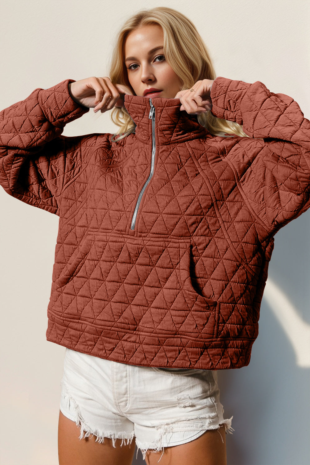 The quilted half-zip pullover has a free -spirit vibe of soft, cozy, feminine, and care-free. It looks so inviting to just pull on and have a relaxing day. Just Pick a color. This one is hard to resist!