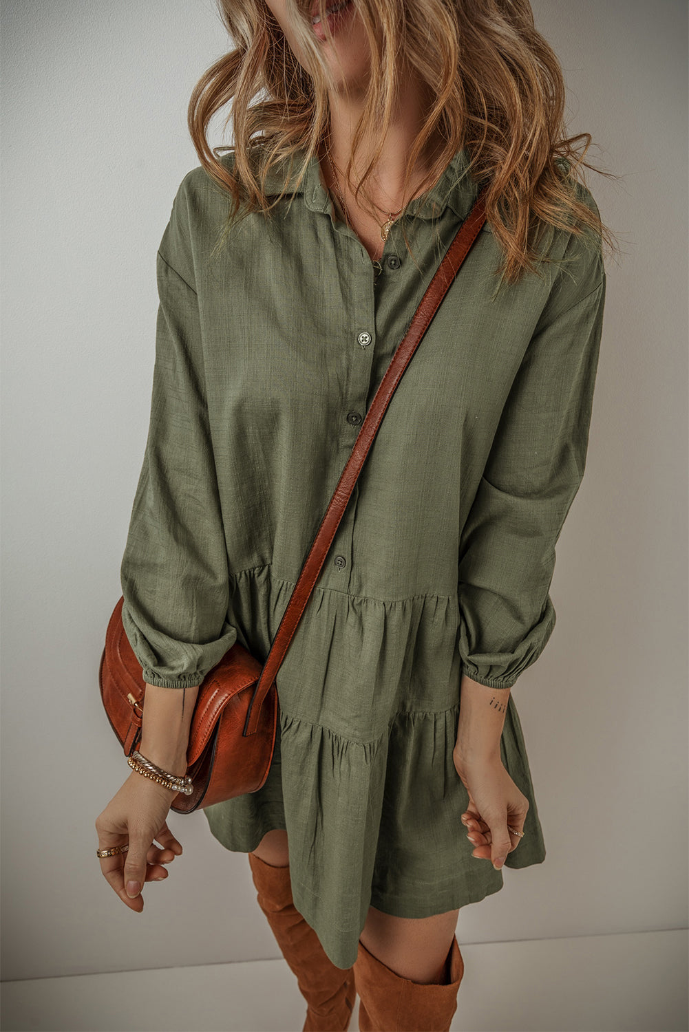 Tiered Shirt Dress- Flowy, Fun & Ready for Adventure - Army Green and Khaki