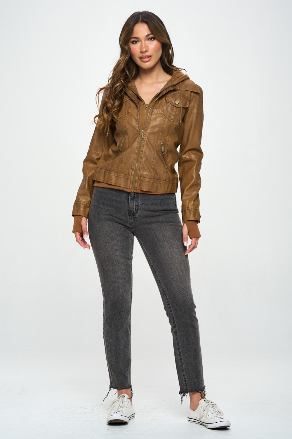 Check out the beautiful camel shade in this doble zip vegan leather jacket. Pair it with your favorite jeans or leggings for a casual and chic look.