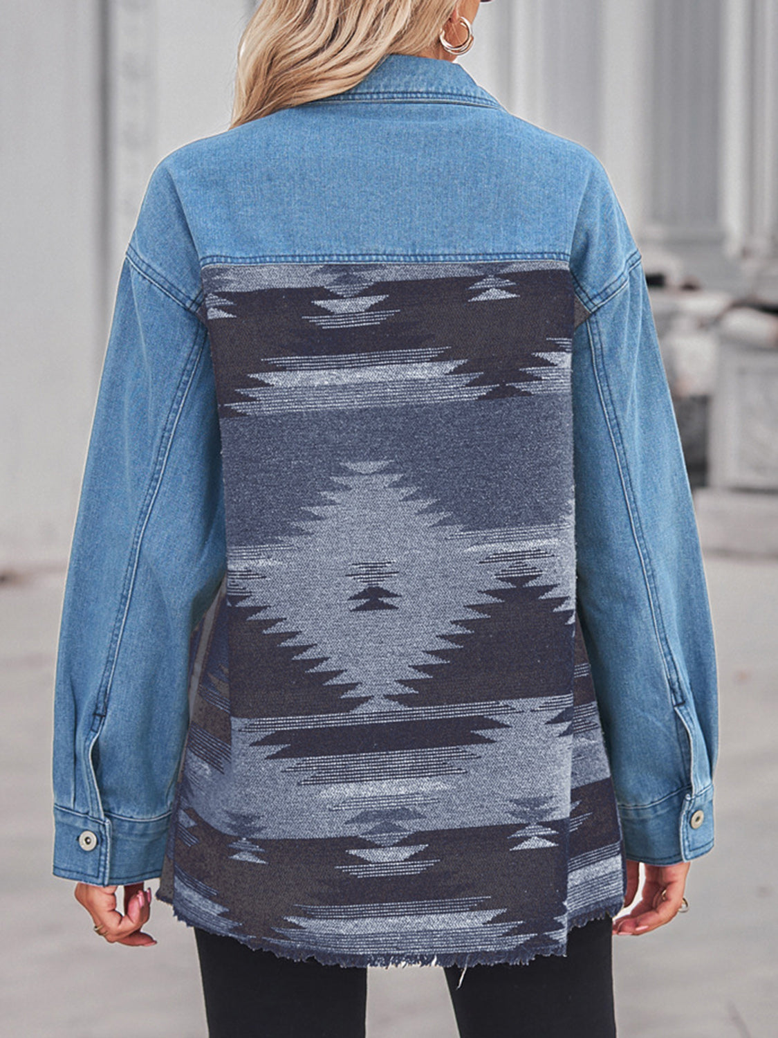 Western Denim Jacket - "Rustic Charm: The Geometric Weave Edition" Attention to our western-boho free -spirits!; This rustic jacket offers a blend of rugged denim and vibrant Aztec print – get yours before it’s gone!