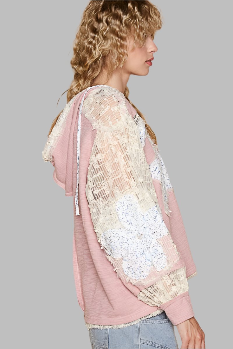 Whimsical Star Patch Hooded Shirt - A Feminine Twist on Rebel Style. Does it feel sexy to be edgy and feminine at the same time? You got it! The star print adds some whimsy, and the lace contrast gives a delicate and elegant touch to the design. We love the mixed textures, making this top perfect for both casual and dressed-up looks.