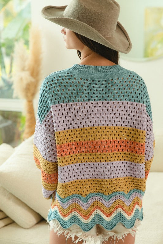 Women's Knit Sweater- Multi-Color- Wanderlust Horizon Knit
Your creativity and self- expression could dig this knit sweater! The wavy "openwork" sweater with texture and contrasting details, offers a modern and edgy vibe that will stand out from other basic knit sweaters.