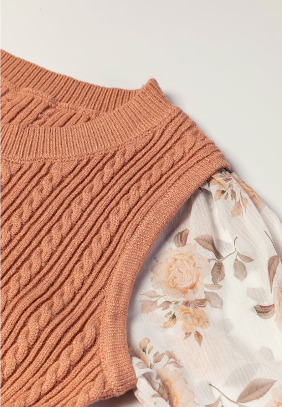 Cable Knit Sweater - Whimsical Sleeve of Dreams- Caramel Brown