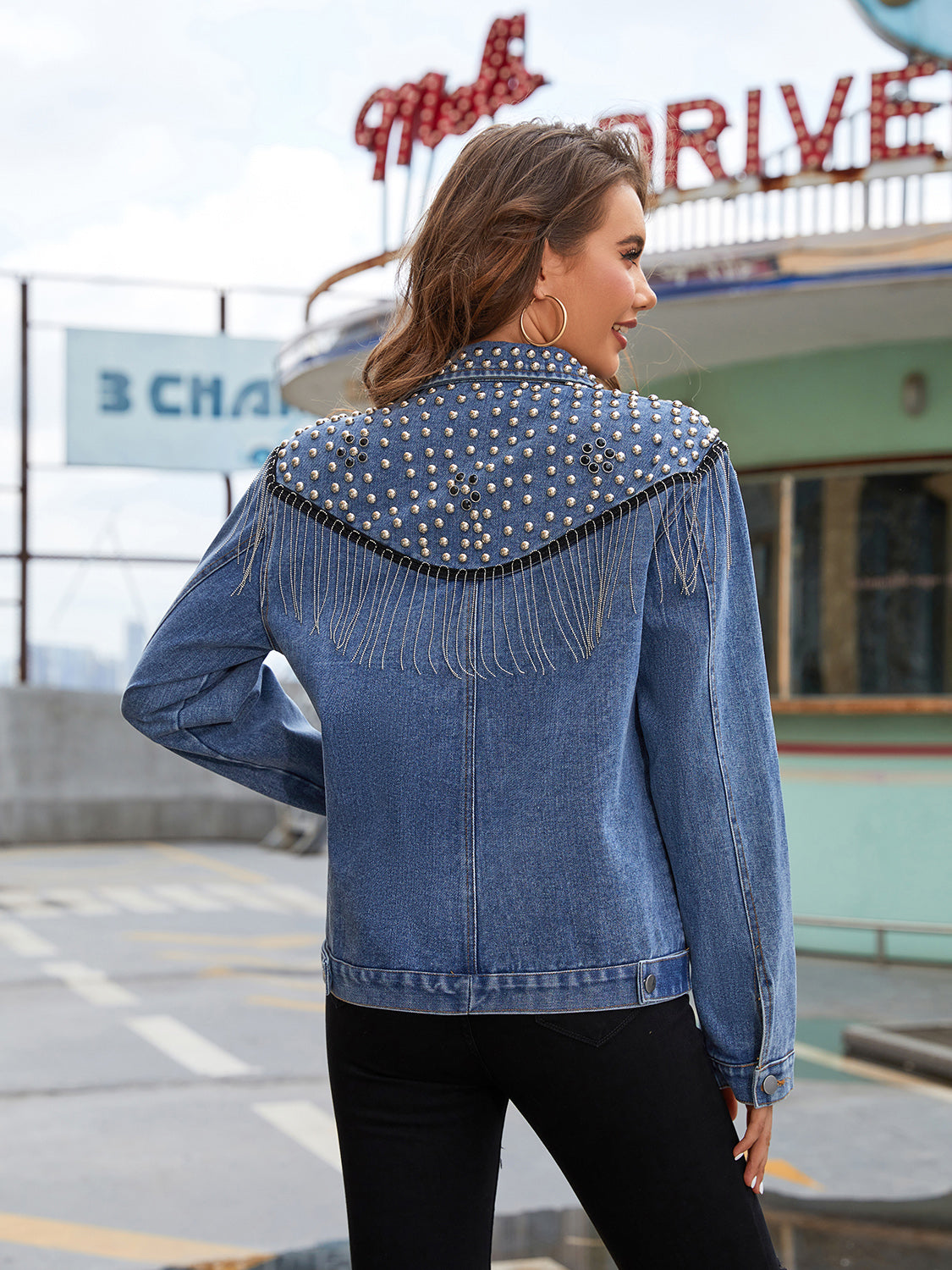 Fringe Denim Jacket - Boho Western Studded Jean Jacket". Ready for your next concert, wine tasting, a night out line dancing? Ready to express your personality showing off the craftmanship of this studded and fringed denim jacket!. The retro fashion of this jacket starts us off with a carefree and adventurous vibe for your night out!; Grab your jacket and take yourself on a spontaneous night out!