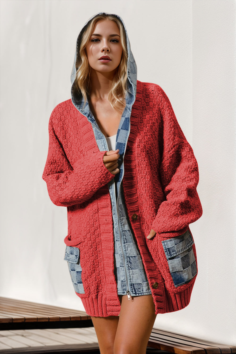 Hooded Patchwork Cardigan Sweater- Denim Spliced -with Plus Size.  Can there actually be a cardigan that is a "stunner" and looks laid back at the same time? Here you go! The mix of textures and patchwork detailing is creative and dynamic giving off a free-spirted vibe. 