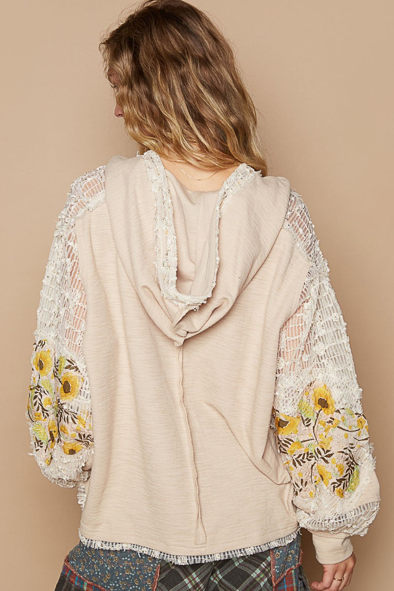 Whimsical Star Patch Hooded Shirt - A Feminine Twist on Rebel Style - Beige Multi.  Does it feel sexy to be edgy and feminine at the same time? You got it!&nbsp; This star print adds some whimsy, and the lace contrast gives a delicate and elegant touch to the design. We love the mixed textures, making this top perfect for both casual and dressed-up looks.
