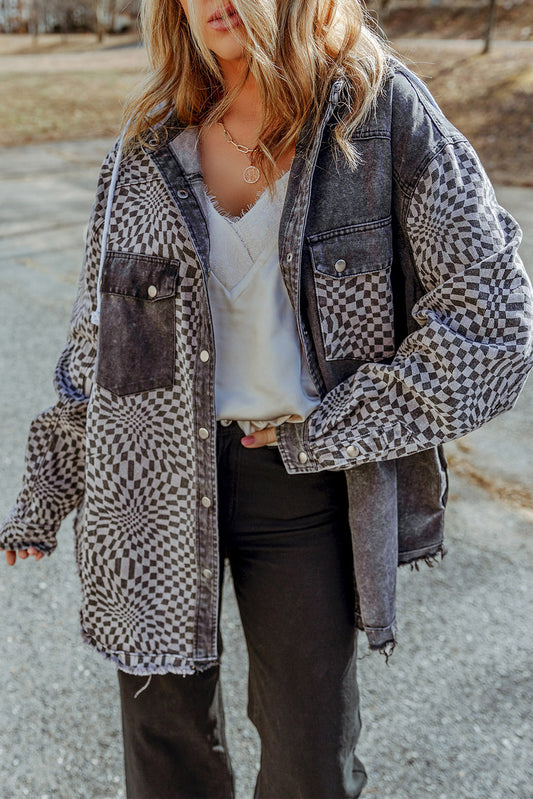 Patchwork Jacket- Hooded Black Denim with Mixed Pattern -Oversized.  Going tailgating, or to a farmer's market on a cloudy day and need a warmer layer? Add this to your cart! This patchwork pattern combined with functionality (you know... the hood, drawstring, and pockets) make this a wardrobe "go-to". What if it had some vintage inspired features? The black denim wash with the raw edges creates a bit of a vintage and laid-back vibe. We can't wait for you to enjoy it!