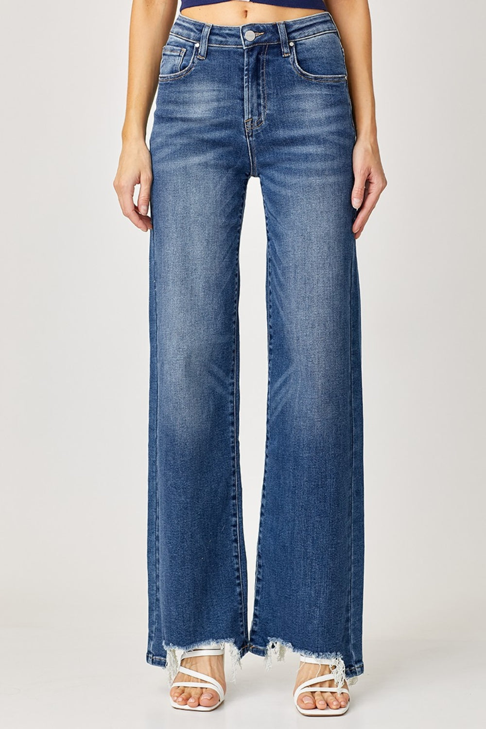 Risen Wide Leg High Rise Jean with Frayed Hem & Plus Size.  Attention all free spirits!!  This is the essential pair for your denim drawer! They are casual and look sweet with your favorite boho blouses! Scoop up a pair for you!!  Medium wash. 
