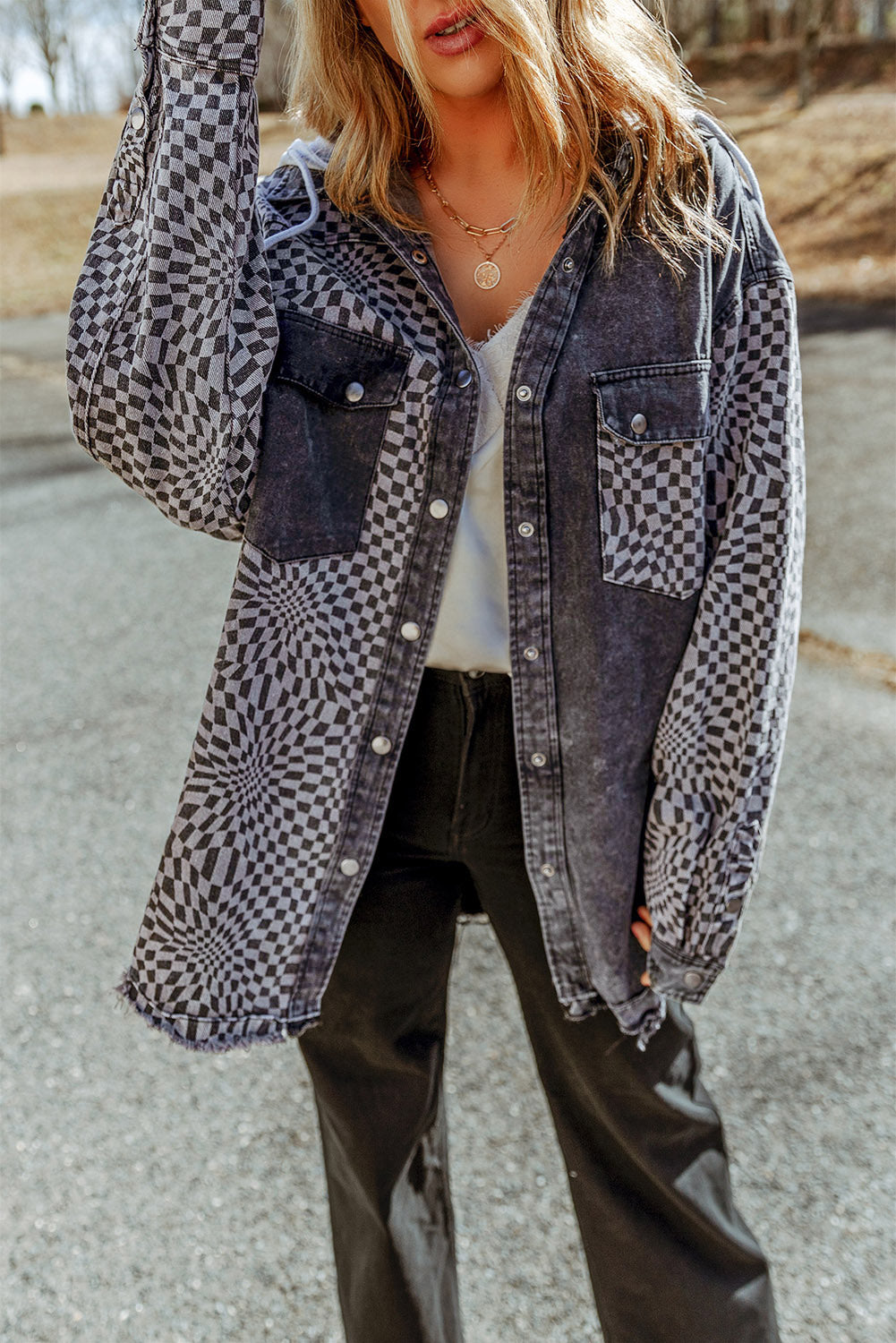 Oversized Patchwork Jacket- Hooded Black Checkered Denim