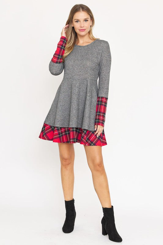 Layered Fit and Flare Dress- "Flatter Every Curve, Own Every Moment!.  This dress transition easily between settings, from office to party attire, with the right accessories! Pair with your favorite boots. This flared dress is both cozy and chic.  Plaid trim.