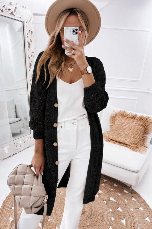 yelet Long Open Front Cardigan- Timeless Versatility: The Cardigan That Does it All- Black or Beige.  This cardigan has everything but the kitchen sink! It's versatile. You can dress this up or down, wear it day or night, and season to season! The black or beige eyelet open front cardigan can be matched with just about any colors or casual wardrobe. The eyelet brings a feminine vibe at the same time as being super effortless, breathable, and stylish. "The Cardigan You'll Live in!"