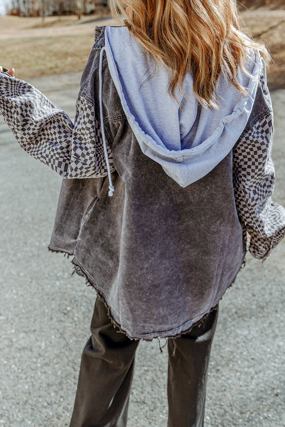 Going tailgating, or to a farmer's market on a cloudy day and need a warmer layer?  Add this to your cart! This patchwork pattern combined with functionality (you know... the hood, drawstring, and pockets) make this a wardrobe "go-to". What if it had some vintage inspired features? The black denim wash with the raw edges creates a bit of a vintage and laid-back vibe. We can't wait for you to enjoy it!