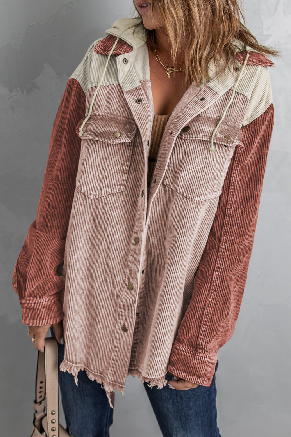 Hooded Corduroy Shacket - Color Block Options:
Add a relaxed vibe to your outfits with our Hooded, Drawstring Pocket Corduroy Shacket. Features a hood and dropped shoulders; you'll love the casual look of this corduroy shirt.