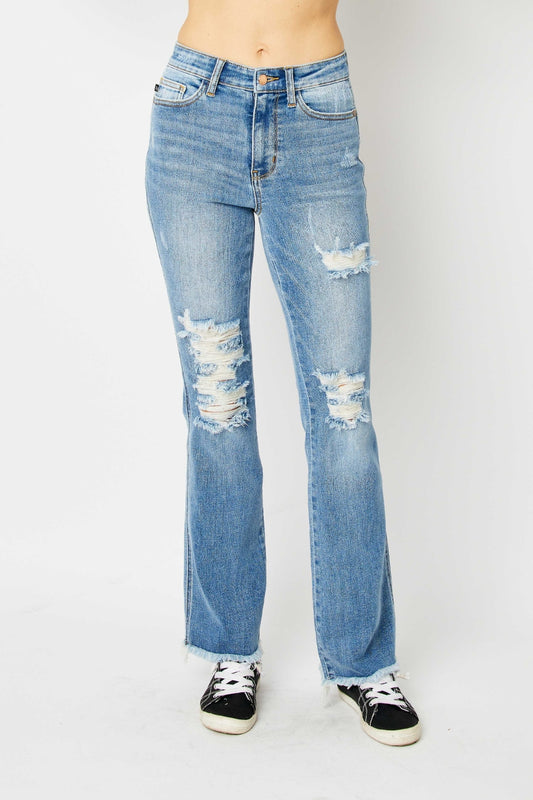 Judy Blue Distressed Raw Hem Bootcut Jeans with Plus Sizes.  Laid Back Look.