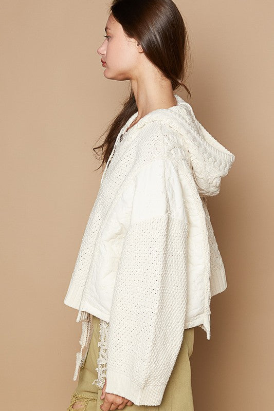 Cable-Knit Hooded Sweater - Whimsical Weaves Hooded Knit.  Sometimes we need a timeless, seasonless, relaxed, and classic go to sweater. This hits the spot.; However, adds creative texturing to still give this classic a bit of individuality and whimsy; Stay cozy in this cable knit hooded sweater! Sweater.  