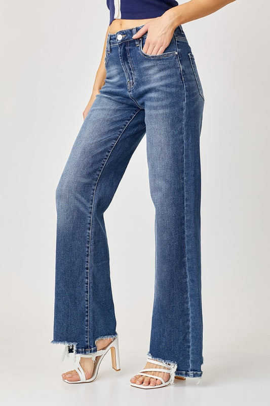 Risen Wide Leg High Rise Jean with Frayed Hem & Plus Size.  Attention all free spirits!!  This is the essential pair for your denim drawer! They are casual and look sweet with your favorite boho blouses! Scoop up a pair for you!!  Medium wash. 