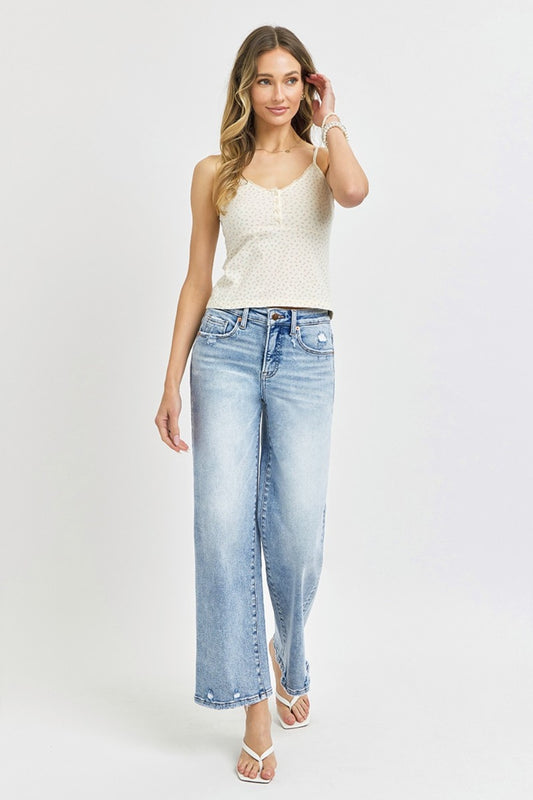 RISEN Tummy Control High Rise Wide Leg Cropped Jeans- Boho Essential