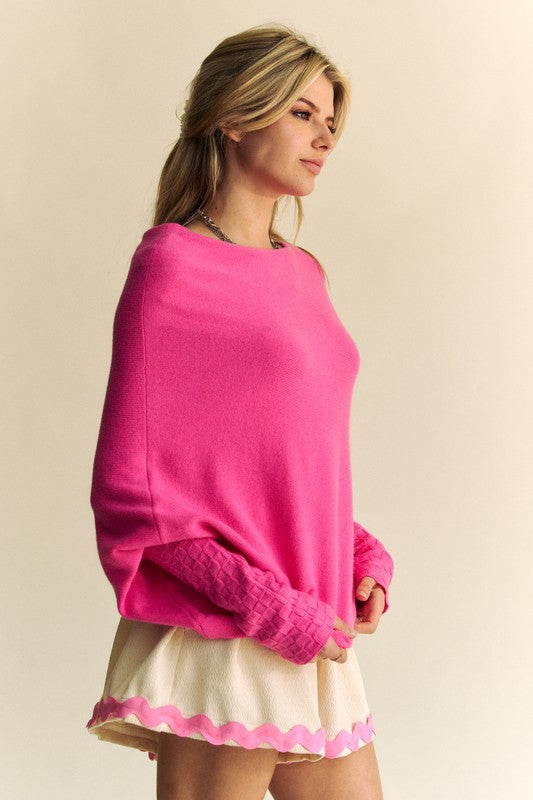 atwing Sleeve Sweater -Wild & Free Pink Batwing – Textured Cuffs, Untamed Style.  Did you know that the "Batwing Sleeve" is less restrictive and is designed to be visually distinctive with a draped silhouette that stands out from regular sweatshirts? If you love the unconventional or free-spirited aesthetic, this pink batwing sleeve sweater is a relaxed and cozy edition that will fit right into your wardrobe!. THIS sweater also happens to have a unique textured cuff... a real eye-catching feature