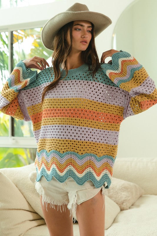 Women's Knit Sweater- Multi-Color- Wanderlust Horizon Knit
Your creativity and self- expression could dig this knit sweater! The wavy "openwork" sweater with texture and contrasting details, offers a modern and edgy vibe that will stand out from other basic knit sweaters.