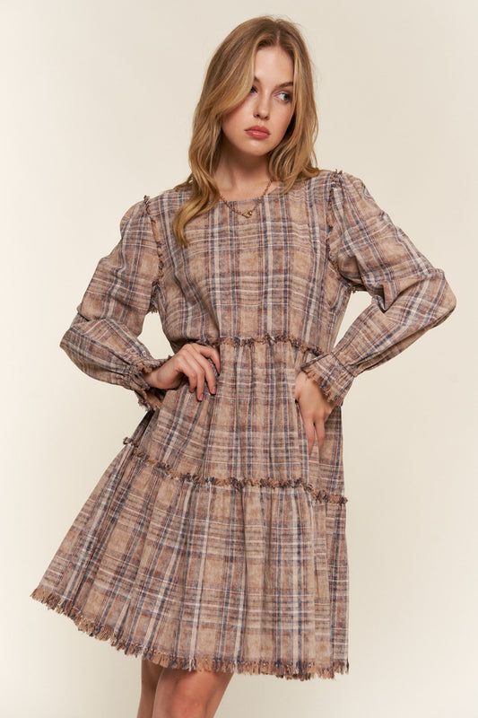 Washed Frayed Tiered Plaid Dress and Plus Size - Vintage Prairie Wanderer