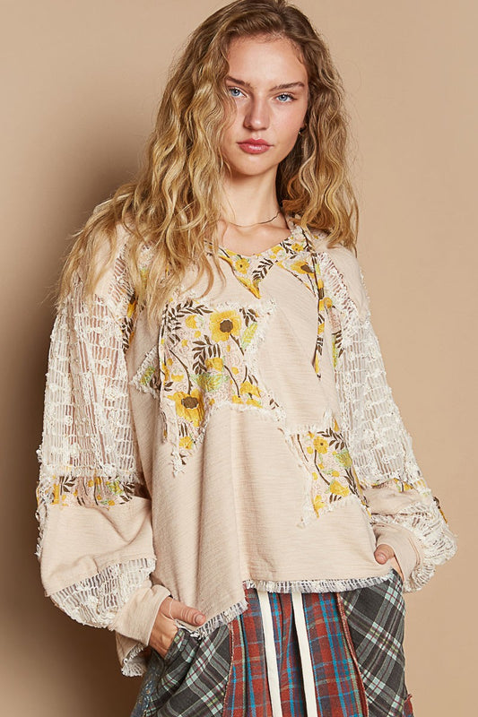 Whimsical Star Patch Hooded Shirt - A Feminine Twist on Rebel Style - Beige Multi.  Does it feel sexy to be edgy and feminine at the same time? You got it!&nbsp; This star print adds some whimsy, and the lace contrast gives a delicate and elegant touch to the design. We love the mixed textures, making this top perfect for both casual and dressed-up looks.
