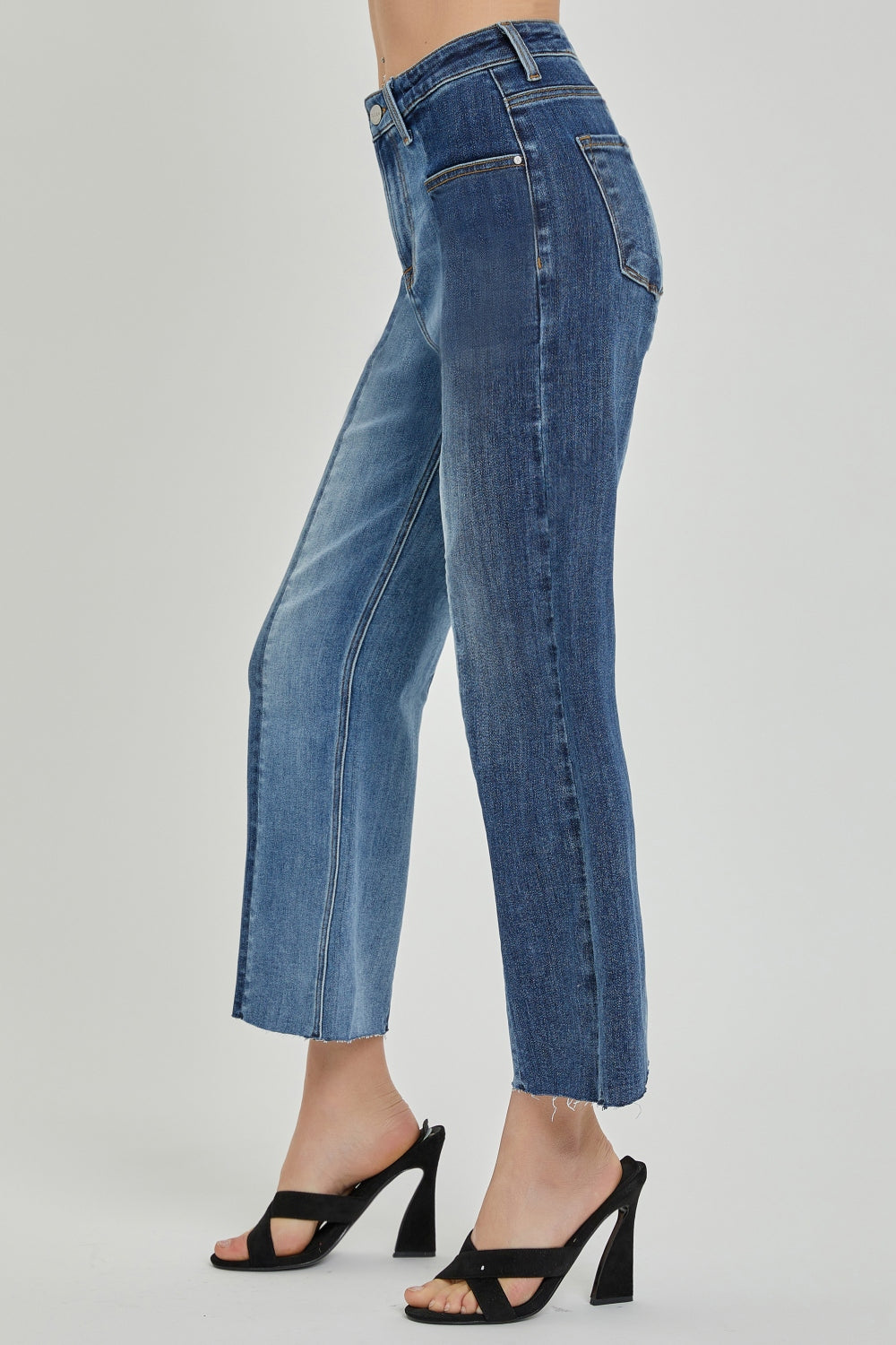 RISEN Two-Tones Jeans with Pockets and Plus Size - DOUBLE VISION. Spice up your wardrobe with Risen's unique two-toned denim style that shows off an upcycled vibe. The relaxed fit effortlessly transitions from day to night with just a quick accessory change. Two-toned light and medium wash. 