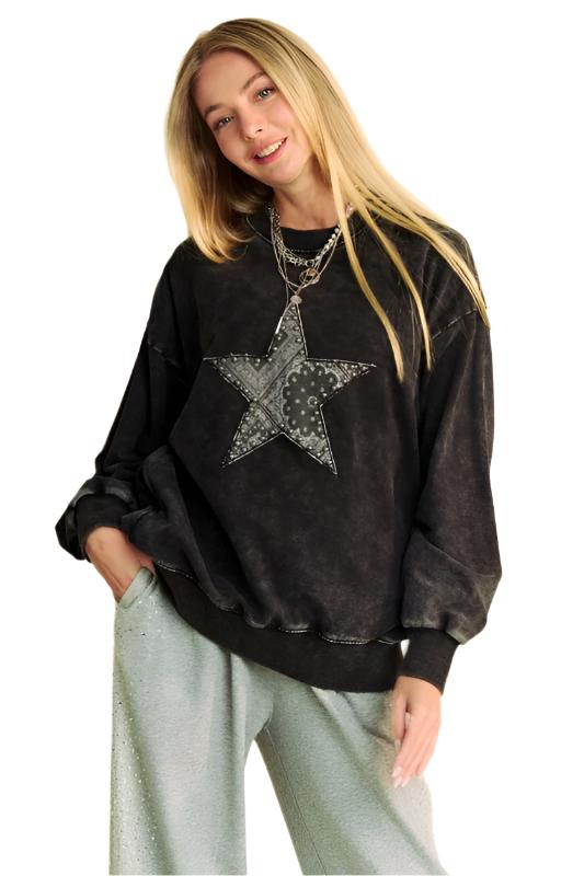 Star Patch Acid Washed Sweatshirt - Black.  This sweatshirt is vibin' a mix of rock n' roll and vintage! The stud star patch adds a touch of attitude and embellishment, creating a unique and eye-catching detail!
The acid-washed finish gives the sweatshirt a cool and lived-in appearance. Whether you're running errands or hanging out with friends, this sweatshirt is for those who want to stand out and make a statement with their style.