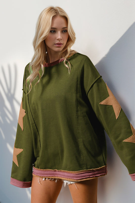 Boho Western Star Patch Sweatshirt – A Little Dust, A Lot of Stars.  Add some star power to your sweatshirt collection with this long-sleeve star patched sweatshirt.&nbsp; Made from super-soft cotton, it’s got that laid-back vibe with a slouchy fit, oversized star details, and raw trim for a little extra edge. Whether you’re layering or wearing it solo, this sweatshirt brings effortless cool to any outfit!