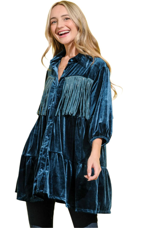 Velvet Shirt Dress with Fringe - Desert Dusk Fringe.  Has it been a challenge to find velvet with some fringe to dress up your Western wardrobe? Our Desert Dusk Fringe Dress would fit right in for seasonal dinners, and winter holiday gatherings.   Or for some fun at the bar or line-dancing. Don't forget the comfortable boots to dance all night!
