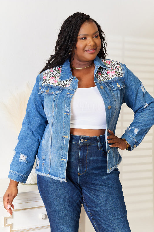 Distressed Denim Jacket/ Leopard and Floral Print Denim with Raw Hem AND Plus Sizes.  effortlessly combines edginess and femininity and creates a vintage- inspired look. medium wash.