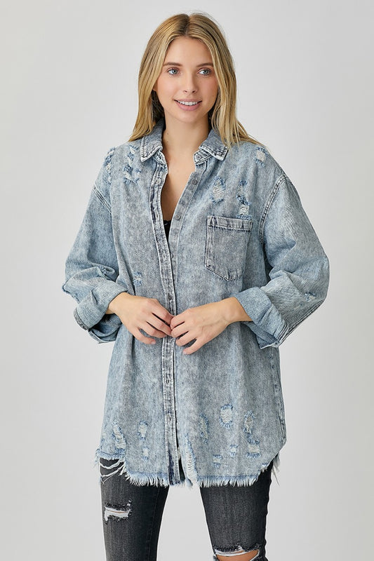 RISEN Distressed Raw Hem Denim Shirt - Vintage Inspired - Season Essential. One of Free Soul Thread's FAV's!  Love this vintage distressed style and can picture it being a go to wardrobe essential with that boho laid back vibe! Don’t miss out – get yours before they're gone!  Acid Wash
