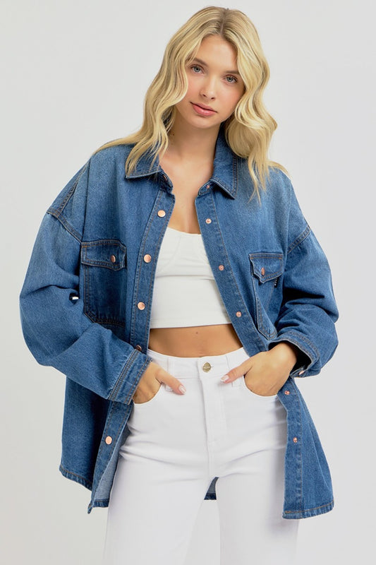 RISEN Denim Shacket - Snap Down Long Sleeve - Plus Sizes- LAYER MVP. The Denim Shacket (hybrid shirt/jacket) is perfect when you think "It's cold, but not THAT cold". Meet the MVP of fall layering right here. 100% Cotton.  Medium wash.