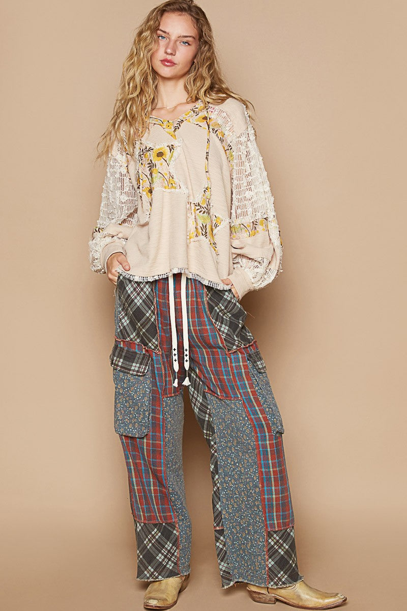 Whimsical Star Patch Hooded Shirt - A Feminine Twist on Rebel Style - Beige Multi.  Does it feel sexy to be edgy and feminine at the same time? You got it!&nbsp; This star print adds some whimsy, and the lace contrast gives a delicate and elegant touch to the design. We love the mixed textures, making this top perfect for both casual and dressed-up looks.