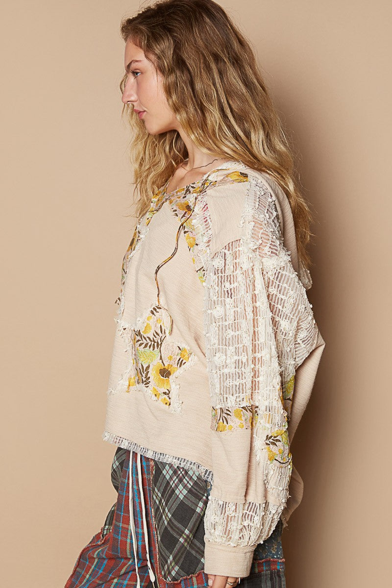 Whimsical Star Patch Hooded Shirt - A Feminine Twist on Rebel Style - Beige Multi.  Does it feel sexy to be edgy and feminine at the same time? You got it!&nbsp; This star print adds some whimsy, and the lace contrast gives a delicate and elegant touch to the design. We love the mixed textures, making this top perfect for both casual and dressed-up looks.