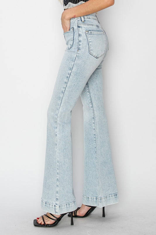 Risen High Rise Front Patch Pocket Flare Jeans with Plus Sizes. These High-Rise Flare Jeans for Women are a fan favorite!! Be ready to put on super soft, wildly comfortable jeans!  Acid Wash.  