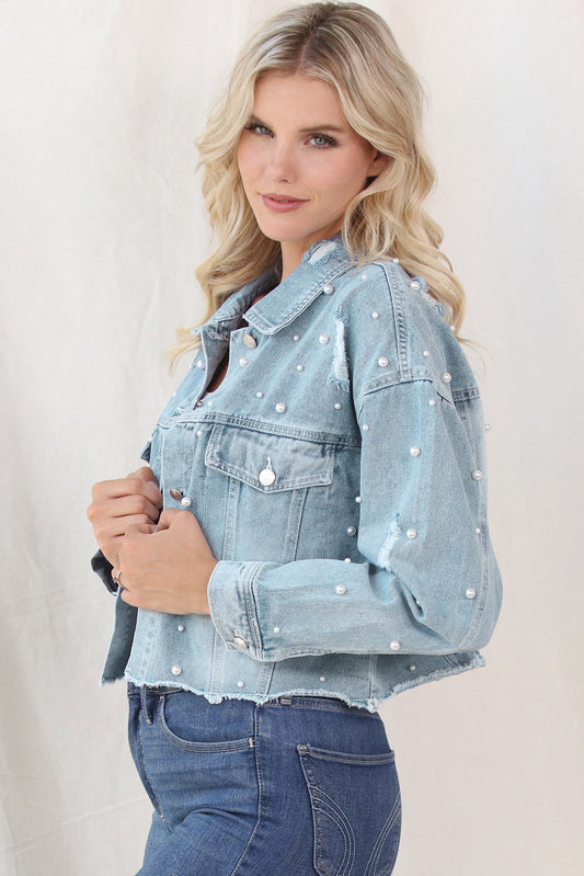 Cropped Denim Jacket and Plus Size - "The Embellished Rebel Pearl".  Unleash your free spirit with this cropped jean jacket, where toughness meets elegance. The edgy distressing looks fantastic with the feminine touch of pearls, creating a bold, yet refined look. Whether you're rocking it with denim or a dress, this jacket blends rebellion with grace, giving you the freedom to mix and match your style. It’s the perfect balance of feminine flair and edgy attitude—just the way you like it!