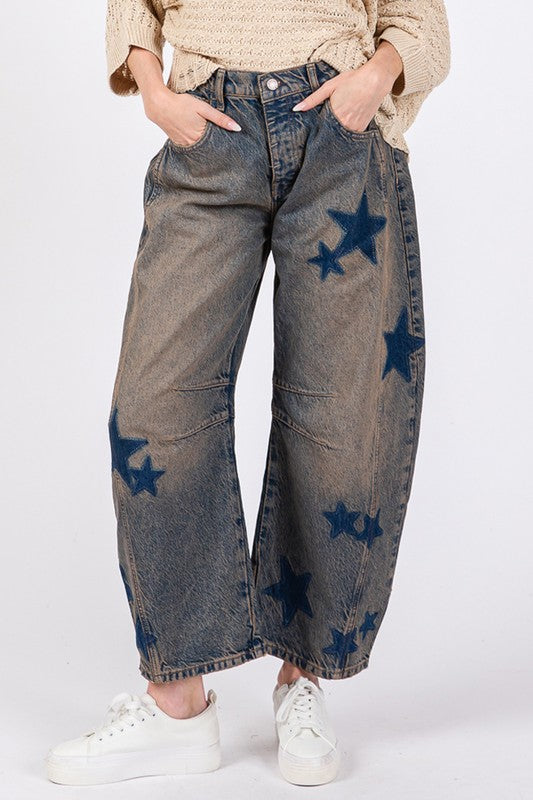 Star Wide Leg Jeans with Pockets -Dreamchaser Wide-Leg Jeans – Stardust Edition.  Did you know the loose, relaxed fit of wide leg jeans offers more room and breathability, making them a great option for long days or casual wear. A must have boho essential pair of jeans! Whether you're running errands or going out with friends, these jeans are sure to elevate your outfit with a touch of star quality.