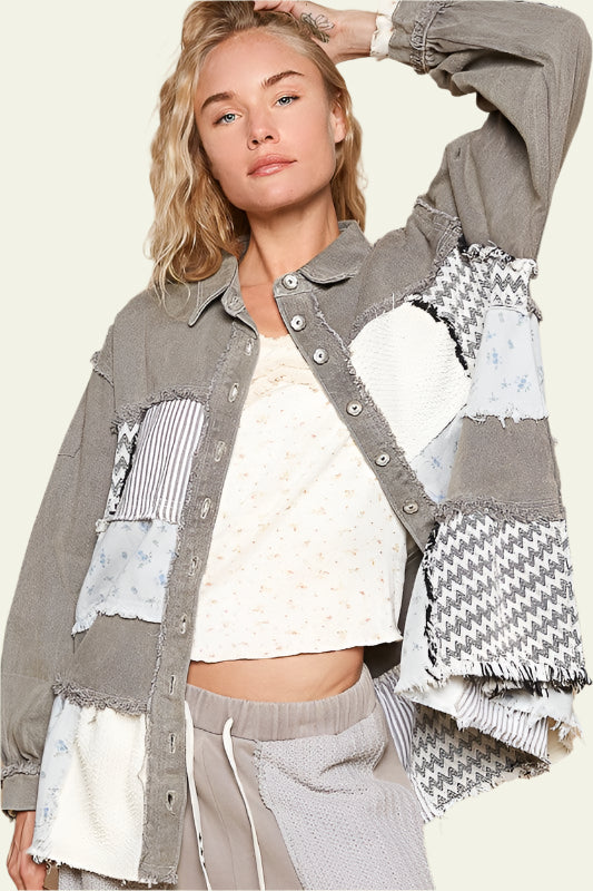 A raw hem patchwork dropped shoulder jacket is a cool and edgy addition to your wardrobe. The raw hem detail gives the jacket a distressed and laid-back vibe, perfect for a casual and relaxed look. The patchwork design adds a unique and eclectic touch, giving the jacket a one-of-a-kind appeal. The dropped shoulder style offers a loose and comfortable fit, making it a great layering piece for everyday wear. Pair this jacket with your favorite jeans and a basic tee for a stylish and effortless ensemble .