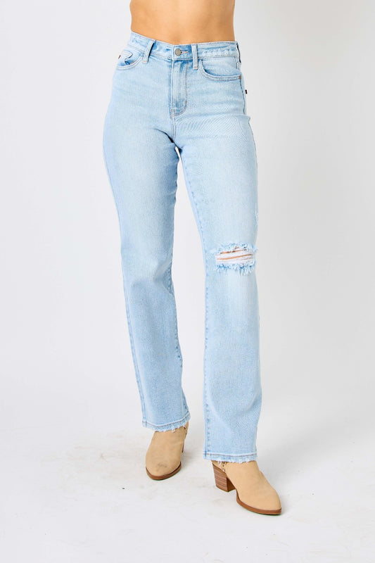 Judy Blue High Waist Jeans / distressed Jeans and Plus Sizes. Helps to conceal muffin tops.  Light wash.  