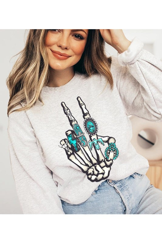 This is a fun year-round graphic sweatshirt with skeleton hand styled with western turquoise jewelry. Comes in multiple colors! Just pick your FAV!

THE INSIDE SCOOP:

Western Cowgirl skeleton hand
Skelton styled with teal concho rings
Peace sign unisex fleece sweatshirt
Graphic Sweatshirt
50%COTTON,50%POLYESTER