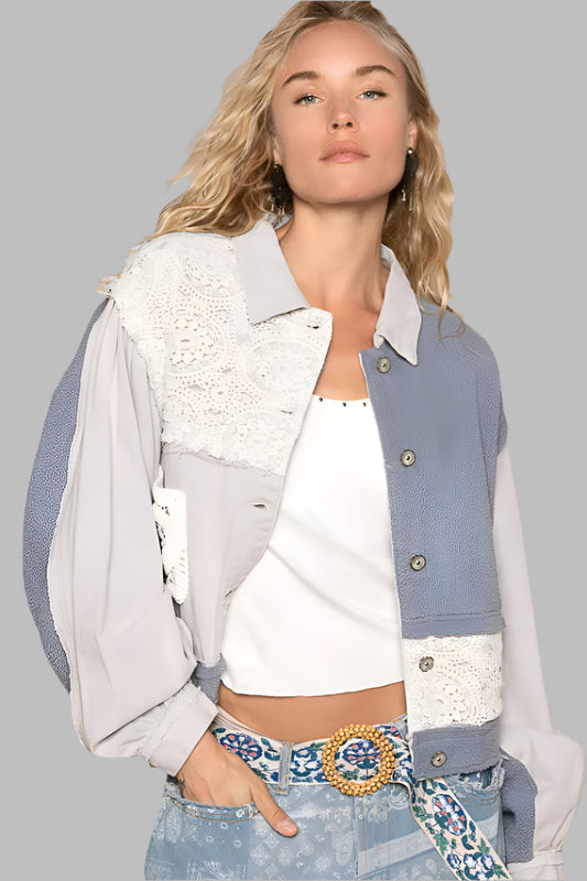 The Boho Shacket – Crochet Patches, Exposed Seams, and Western Charm.  Add some art to your wardrobe with this quirky button-up shacket! Crochet patches, exposed seams, and a raw hem bring all the texture and creative flair you crave. The rugged, edgy vibe of the seams pairs perfectly with the classic button-up front, making it a versatile piece you’ll love to layer. Whether you're all about boho charm or western style, this unconventional shacket is the perfect blend of both!