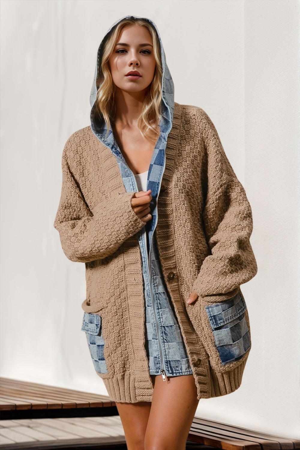 Hooded Patchwork Cardigan Sweater- Denim Spliced -with Plus Size.  Can there actually be a cardigan that is a "stunner" and looks laid back at the same time? Here you go! The mix of textures and patchwork detailing is creative and dynamic giving off a free-spirted vibe. 