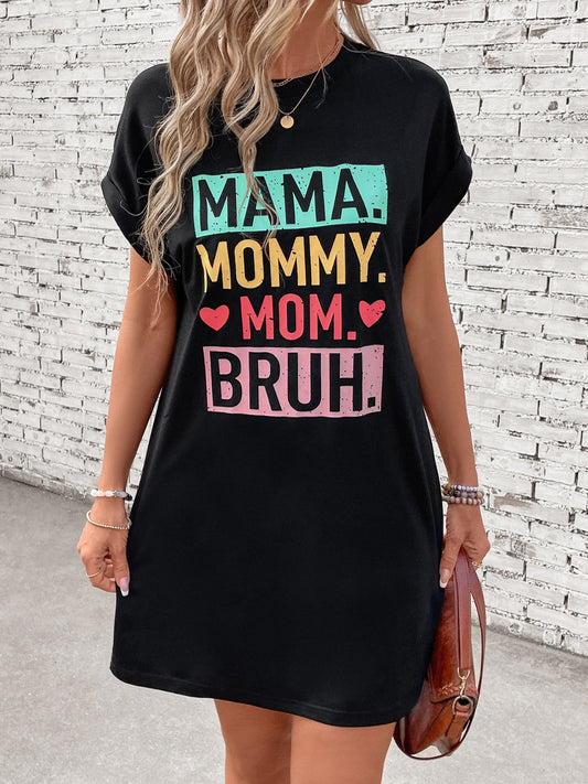 If you have young boys, then you probably know what this is all about! "Mama. Mommy. Moooooom! Bruh." Yep, these are the exact words my six-year-old uses more than you can keep track of each day. Do you experience this as well? Might as well embrace it and represent with this black, fun, effortless pull-on T-Shirt dress.