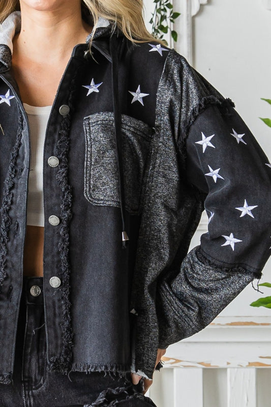 The Star Embroidered Hooded Denim Jacket combines a touch of whimsy with a whole lot of edginess to your wardrobe. Mis-matched materials with raw hem create a textured and eclectic eye-catching denim jacket. (We love this detail BTW).&nbsp; Whether you wear it with jeans for a casual look or layer it over a dress for a more edgy vibe, the Star Embroidered Hooded Denim Jacket is a versatile choice.