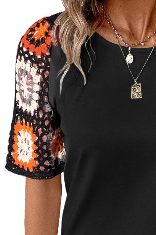 Geometric Round Neck Short Sleeve Blouse.  Grap this classic geometric and crochet shirt!  Just pick out the color you like best! This a wardrobe staple your closet has been waiting for.