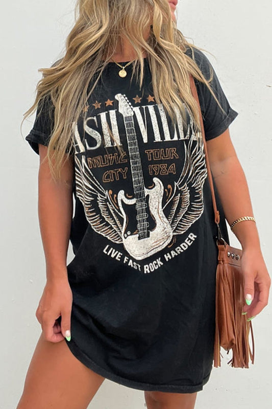As the weather warms up this western music graphic t-shirt dress is going to be a fun and effortless pullover to pair with your favorite boots and accessories to get out the door! This short sleeve, black t-shirt dress can be worn out during the day running errands, meeting with friends, and then going to a festival or concert with a layer at night. Need a fringe handbag or a layer to complete the style? Just check out our handbag section and the layer/ outdoor section to complete the outfit.